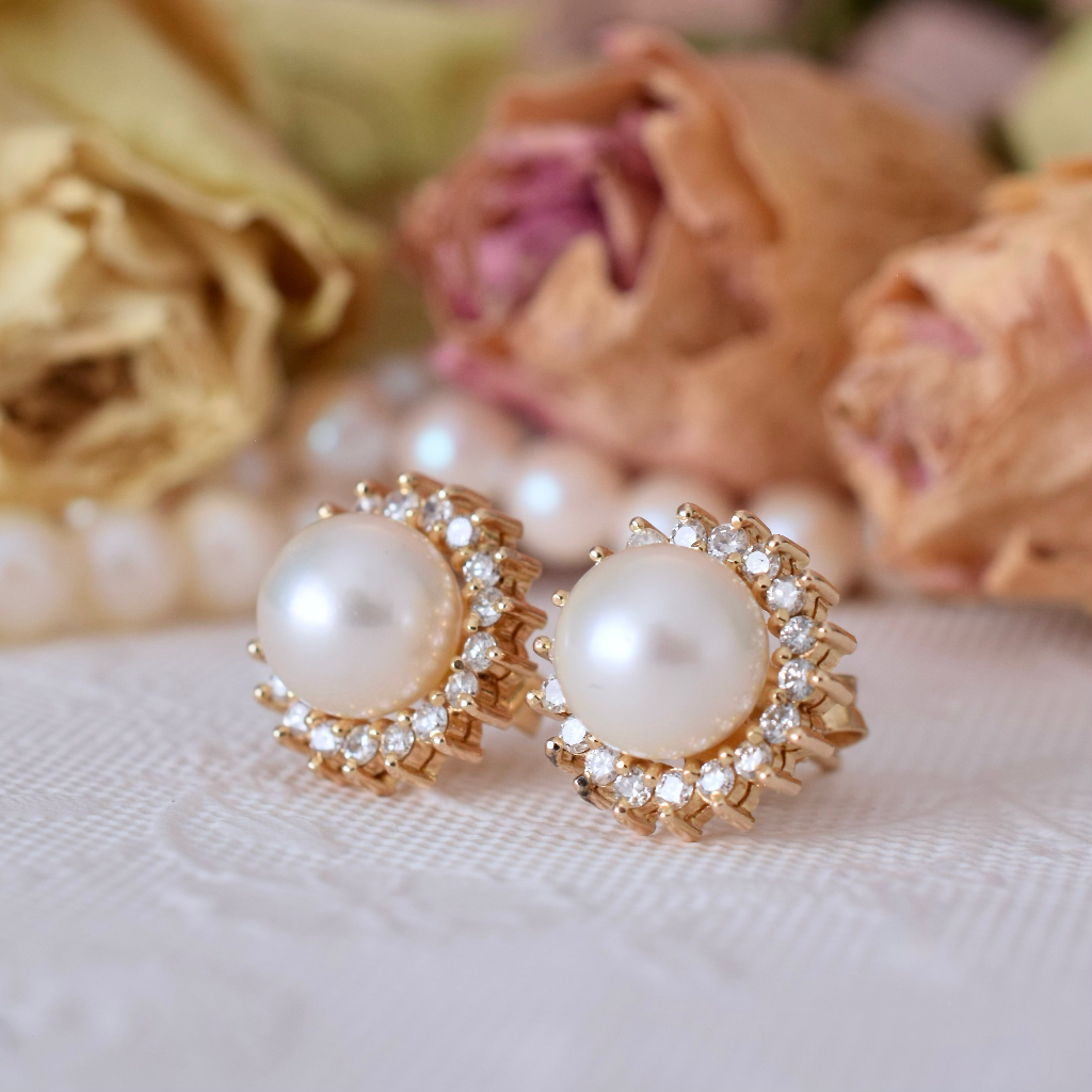 Modern 14ct Yellow Gold Pearl And Diamond Earrings