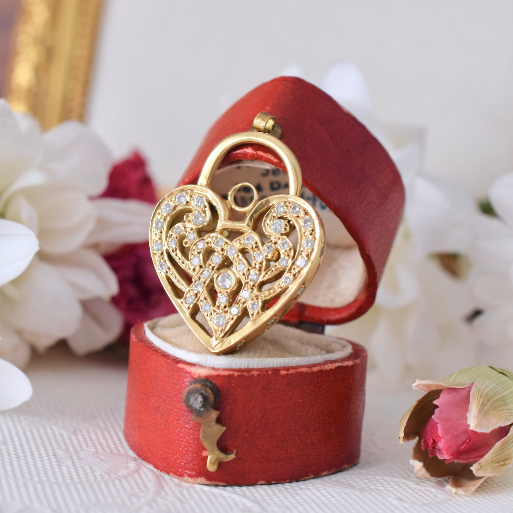 Modern 18ct Yellow Gold And Diamond Heart Padlock