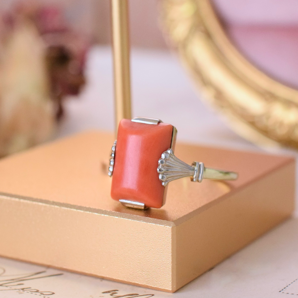 Vintage Art Deco Style 9ct Yellow And White Gold Coral Ring