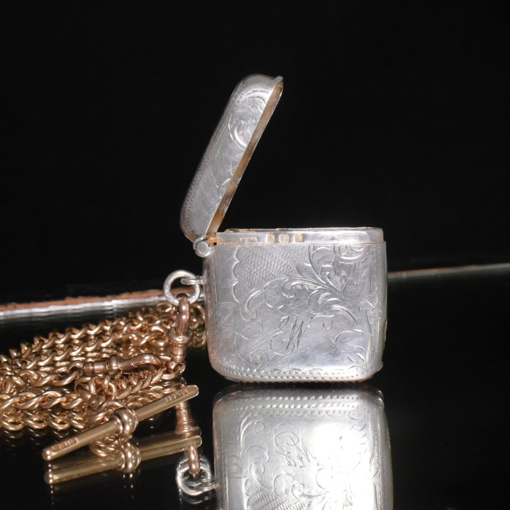 Antique Sterling Silver Large Match Safe Vesta Case - Birmingham 1909