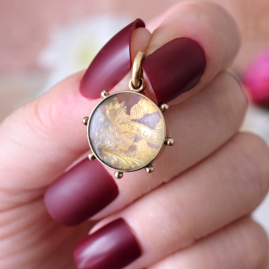 Antique Edwardian 9ct Rose Gold And Rock Crystal ‘Dinna Forget’ Pendant/Charm