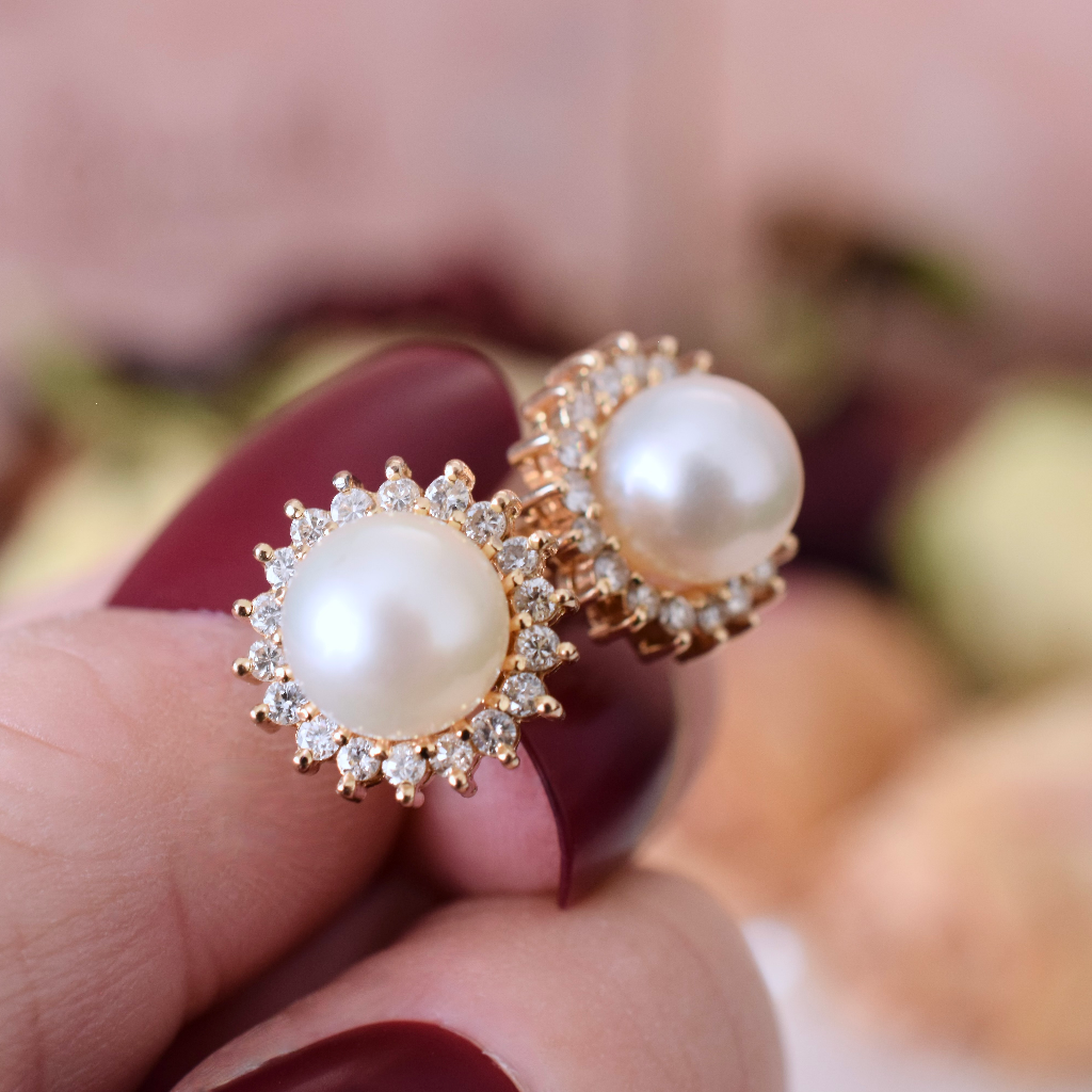 Modern 14ct Yellow Gold Pearl And Diamond Earrings