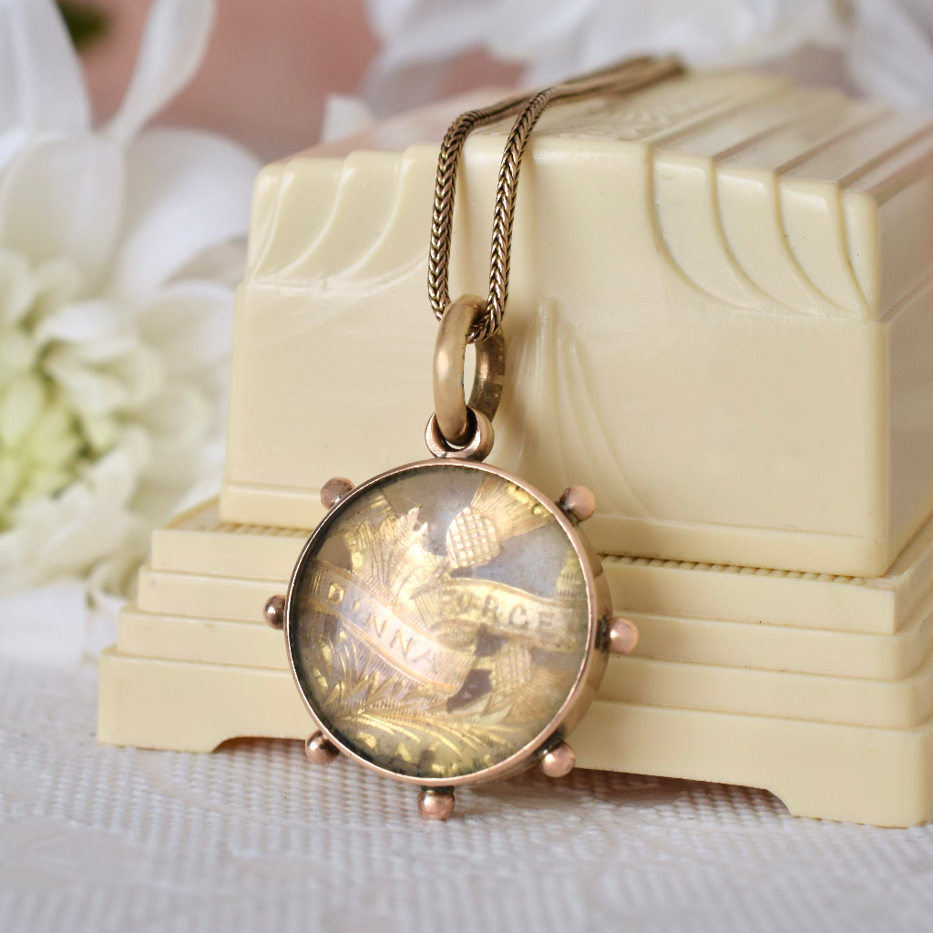 Antique Edwardian 9ct Rose Gold And Rock Crystal ‘Dinna Forget’ Pendant/Charm