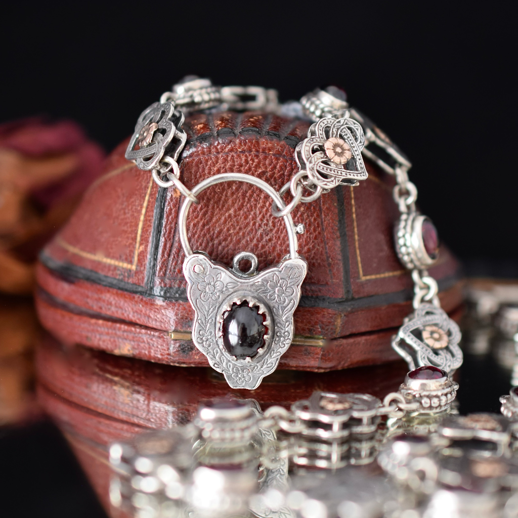Vintage Sterling Silver, 9ct Rose Gold, Garnet, Celtic Style Padlock Necklace Circa 1980’s
