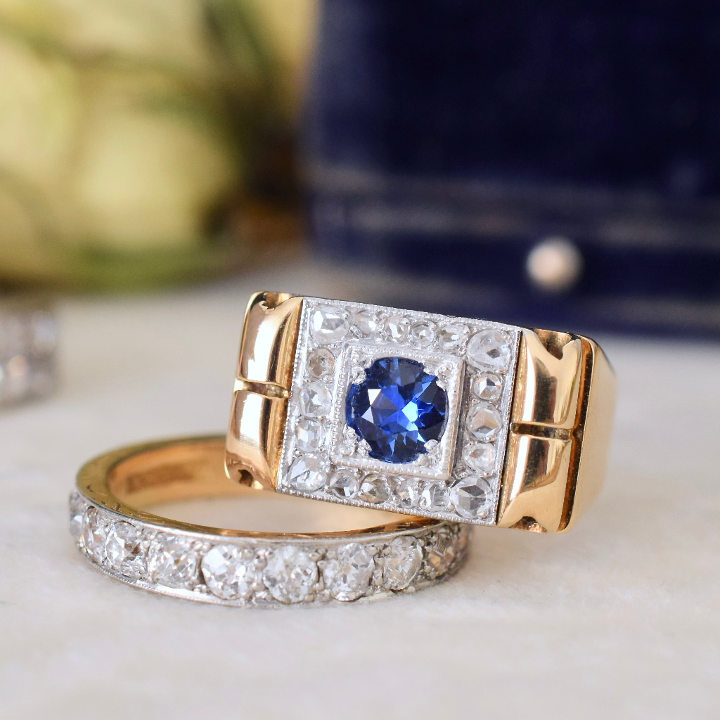 Vintage Retro Era 18ct Yellow Gold Sapphire And Diamond ‘Tank’ Ring Circa 1940’s