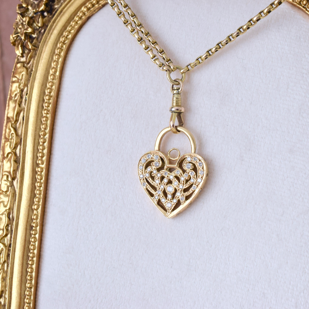 Modern 18ct Yellow Gold And Diamond Heart Padlock