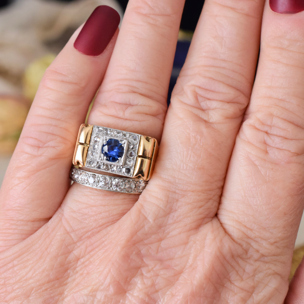 Vintage Retro Era 18ct Yellow Gold Sapphire And Diamond ‘Tank’ Ring Circa 1940’s