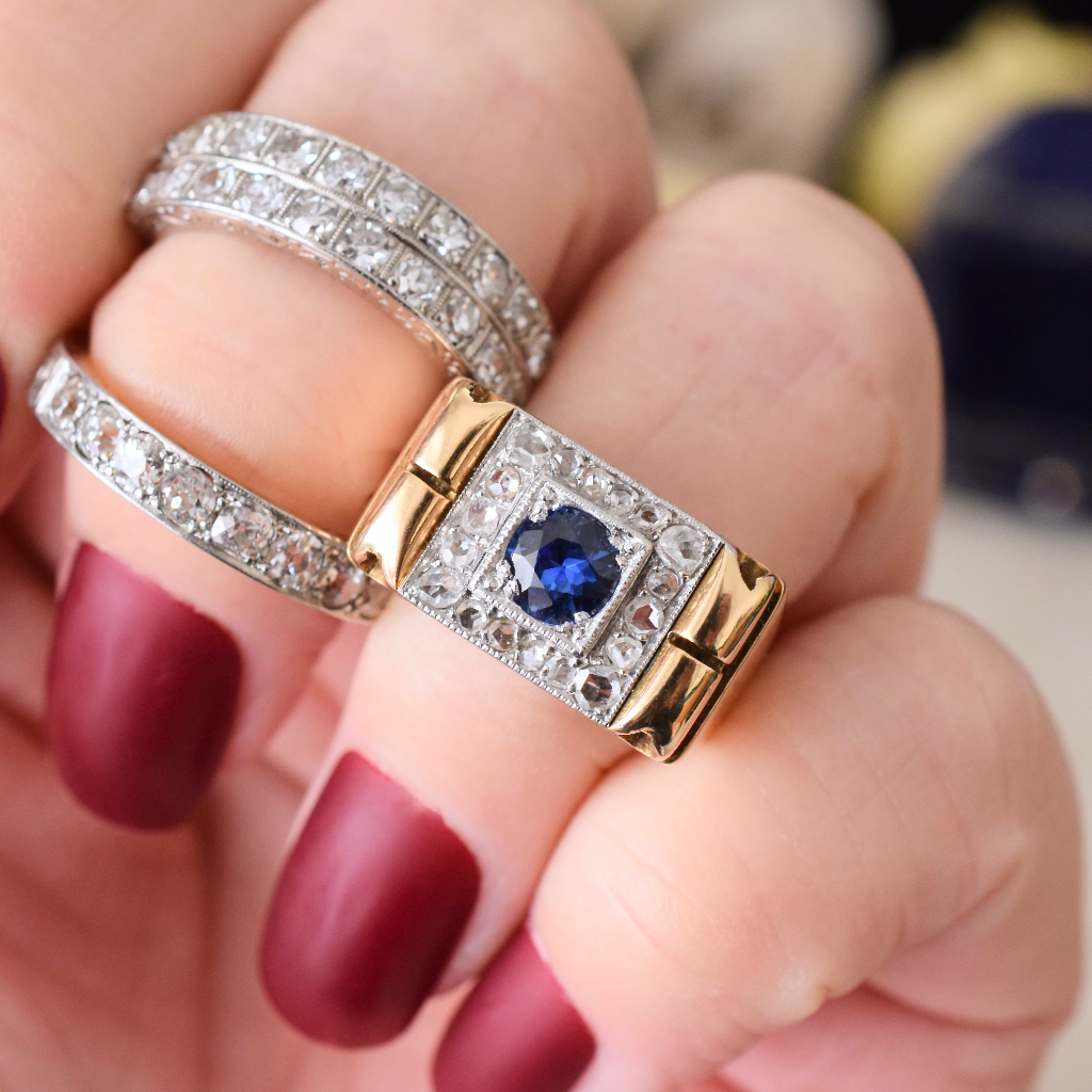 Vintage Retro Era 18ct Yellow Gold Sapphire And Diamond ‘Tank’ Ring Circa 1940’s
