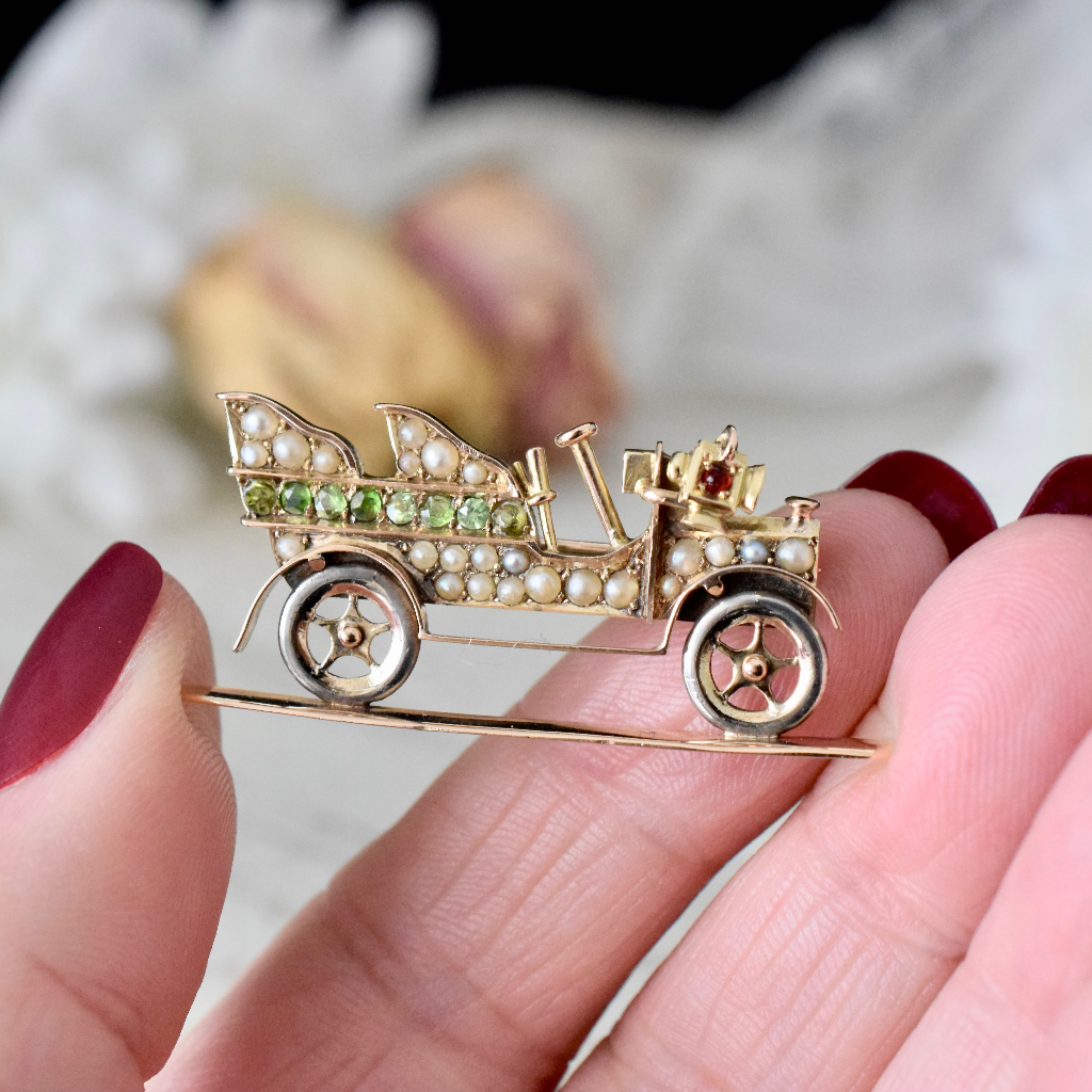 Antique Art Deco 12ct Rose Gold ‘Oldsmobile Model Z’ Peridot Seed Pearl Car Brooch Circa 1910