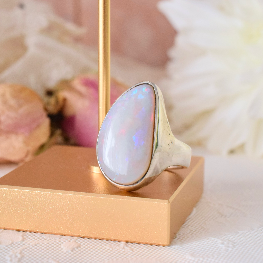 Modern Sterling Silver Free Form Solid Semi-Black Opal Ring Independent Valuation Included $3,500 AUD