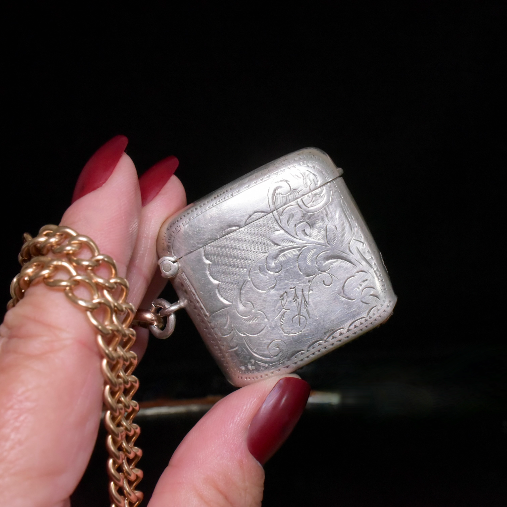Antique Sterling Silver Large Match Safe Vesta Case - Birmingham 1909