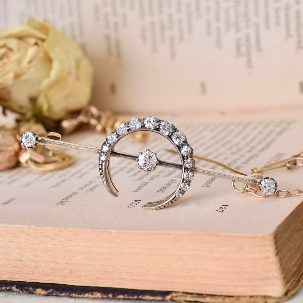 Antique Victorian Diamond Crescent Moon Brooch 15ct Rose Gold And Silver Circa 1890