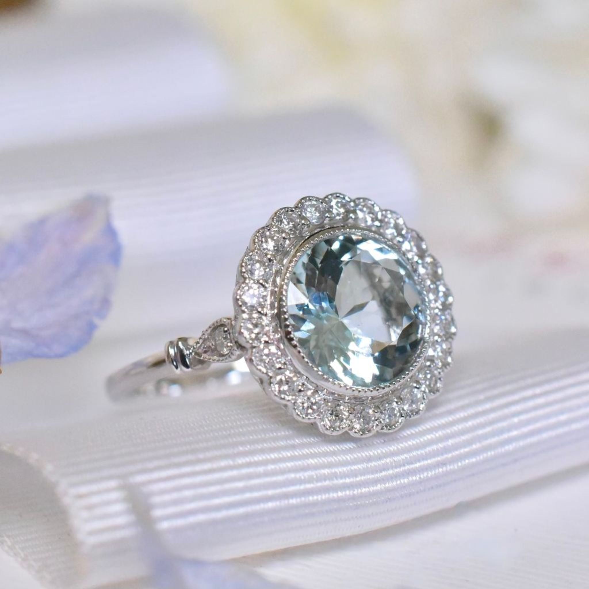 Modern 14ct White Gold Aquamarine And Diamond Daisy Halo Cluster