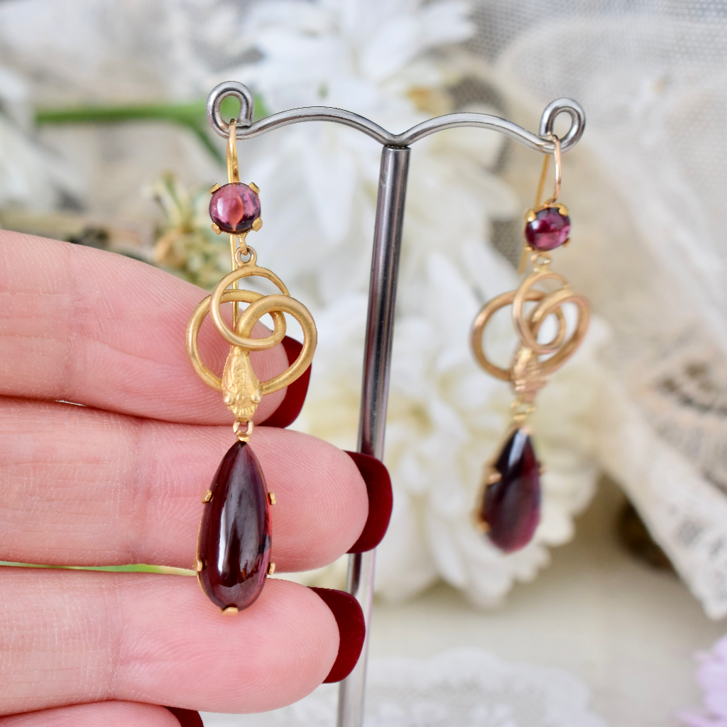 Antique Victorian 11ct Gold And Garnet Snake Earrings Circa 1880