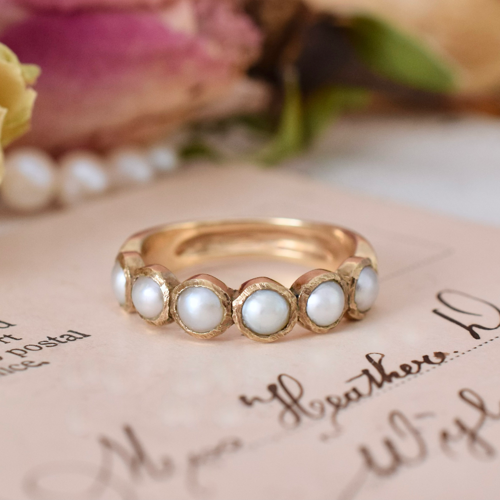 Vintage 9ct Yellow Gold Six Pearl Half Hoop Ring