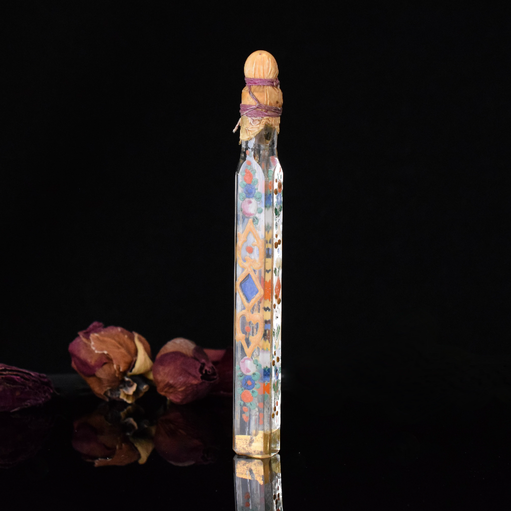 Antique Georgian ’Throwaway’ Laydown Blown Glass Enamel Gilded Perfume Bottle Circa 1800 - 1850
