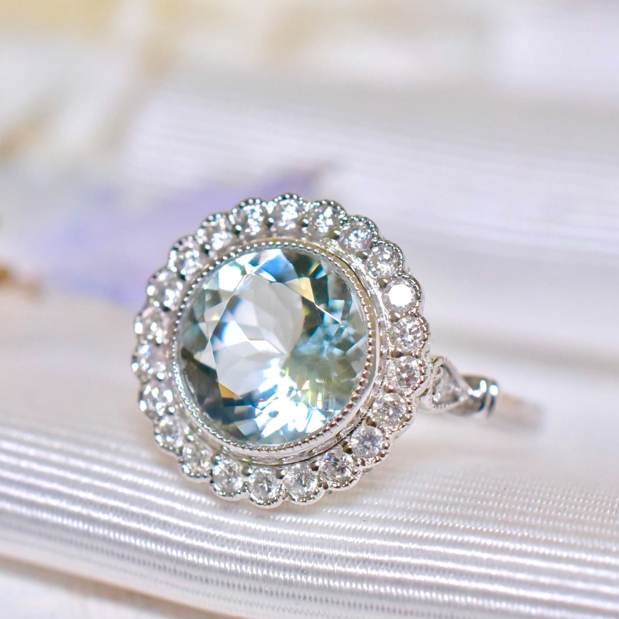 Modern 14ct White Gold Aquamarine And Diamond Daisy Halo Cluster