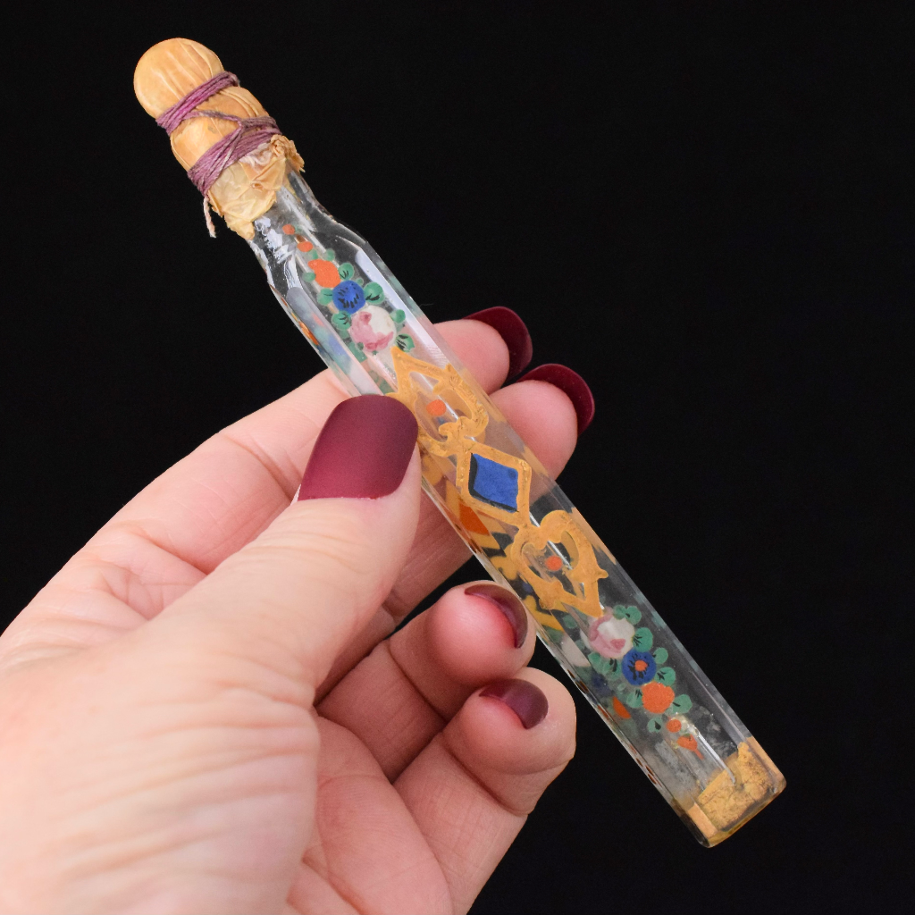Antique Georgian ’Throwaway’ Laydown Blown Glass Enamel Gilded Perfume Bottle Circa 1800 - 1850