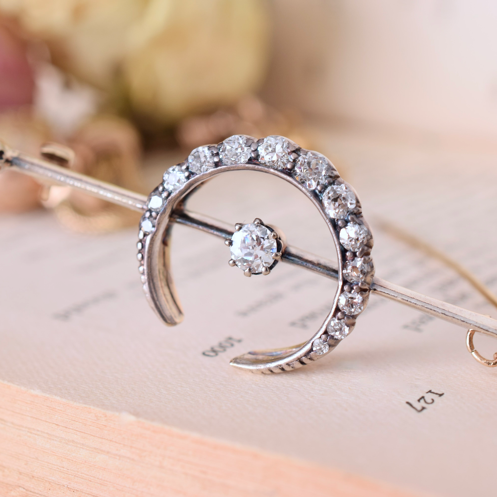 Antique Victorian Diamond Crescent Moon Brooch 15ct Rose Gold And Silver Circa 1890