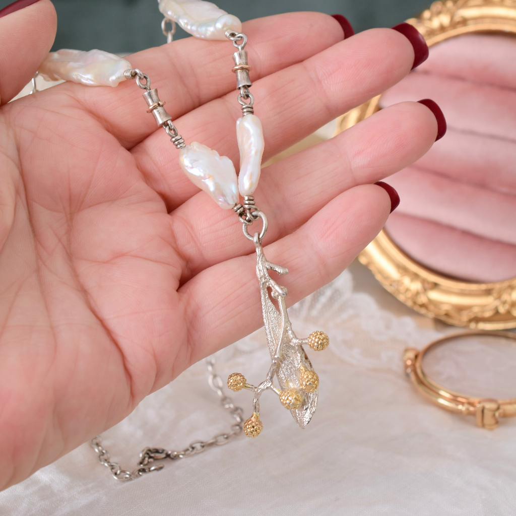 Modern Artisan Crafted Sterling Silver And River Pearl Pendant Necklace
