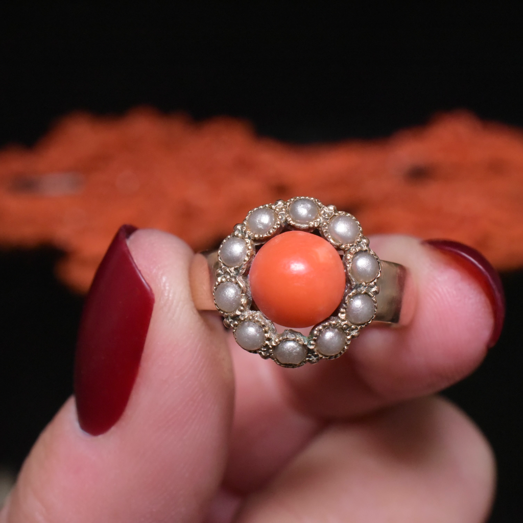 Antique/Vintage 9ct Yellow Gold Coral And Faux Seed Pearl Ring