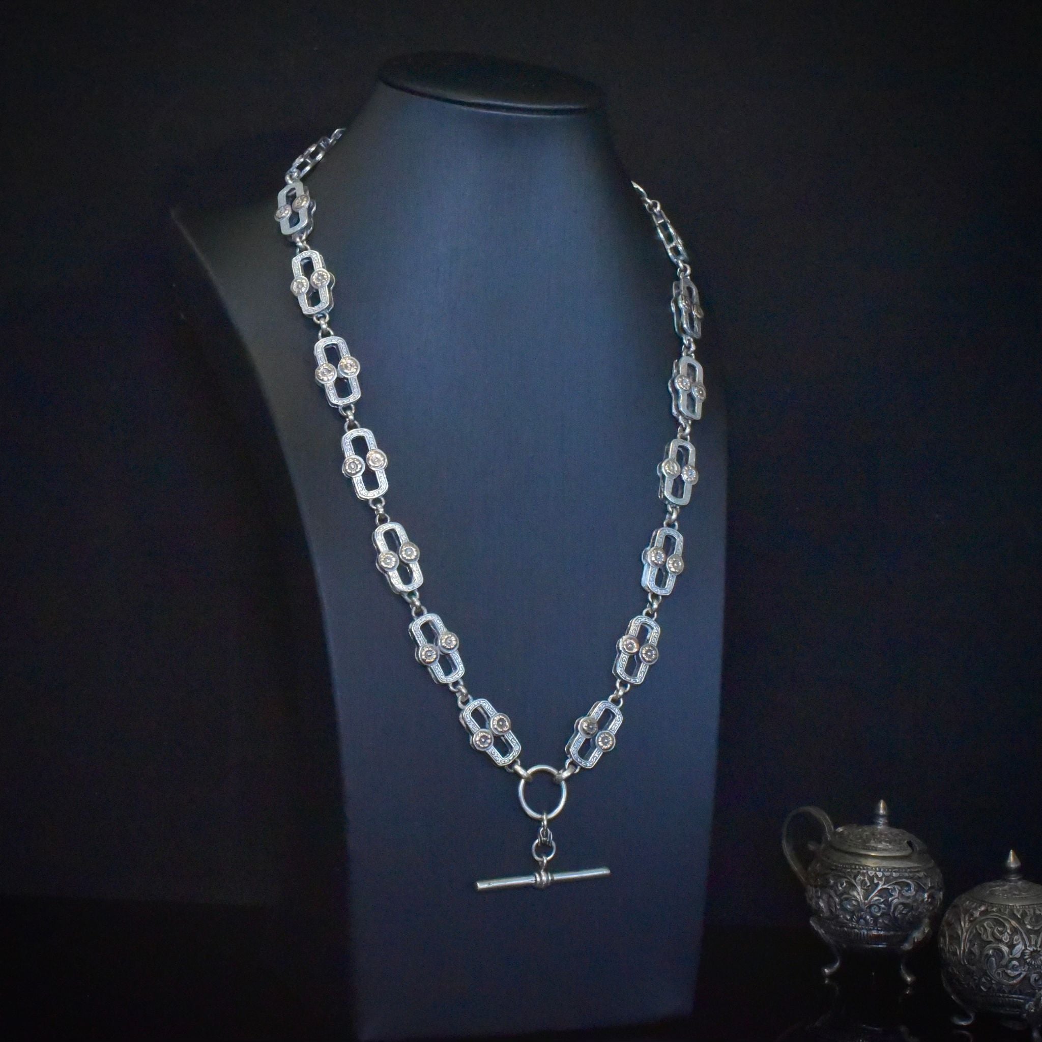 Vintage Australian Sterling Silver - 9ct Gold Accents - ‘Day And Night’ Antique Style Fob Chain