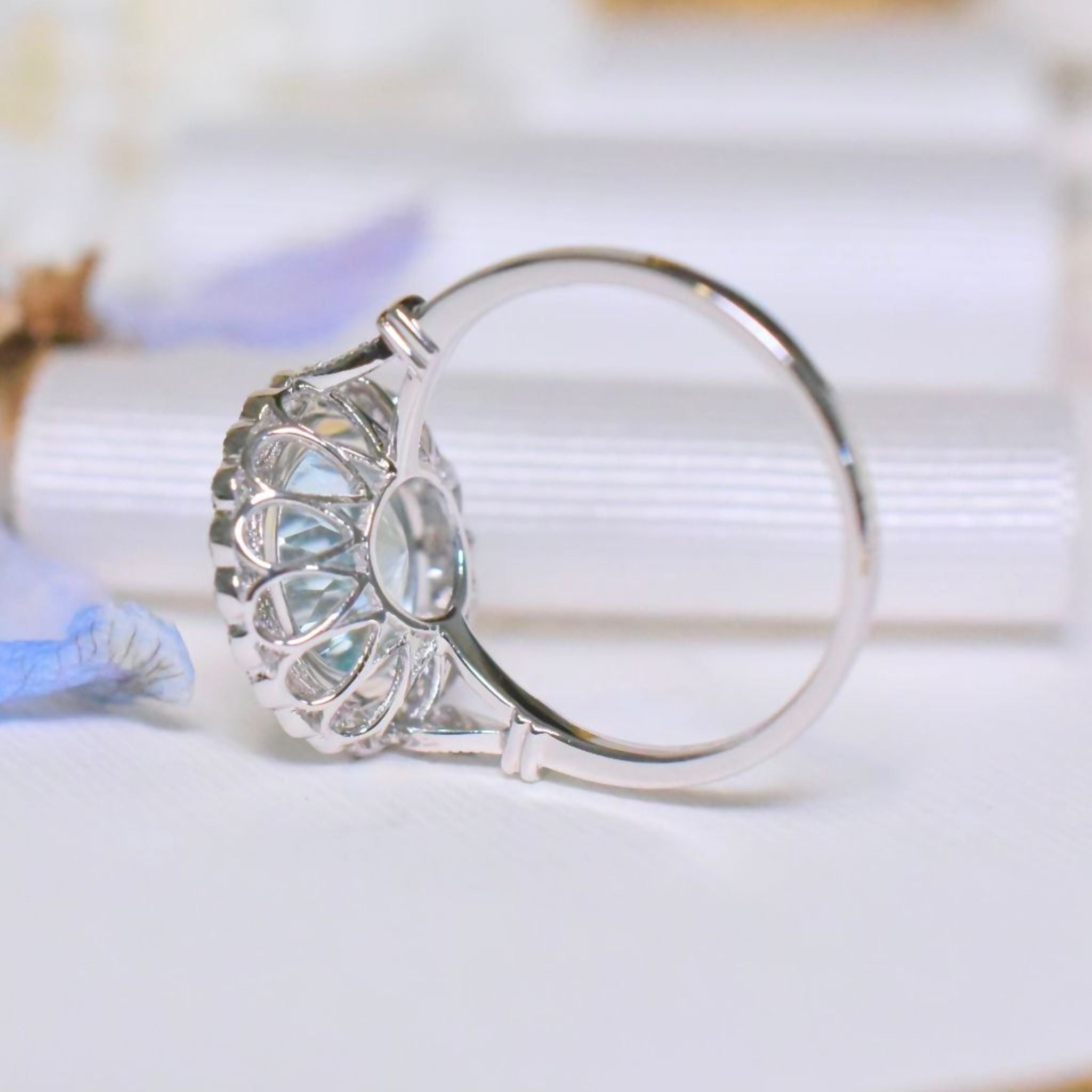 Modern 14ct White Gold Aquamarine And Diamond Daisy Halo Cluster