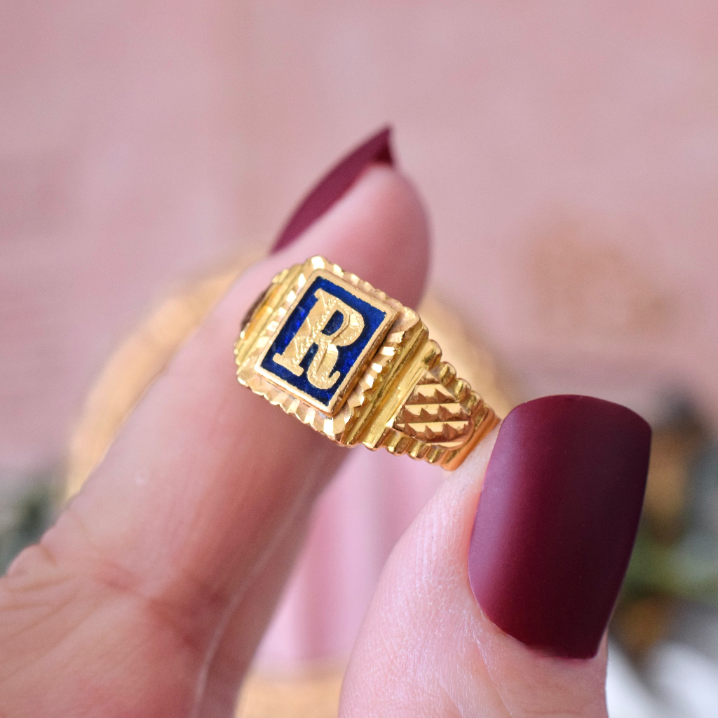 Modern 22ct Yellow Gold And Enamel Letter R’ Ring