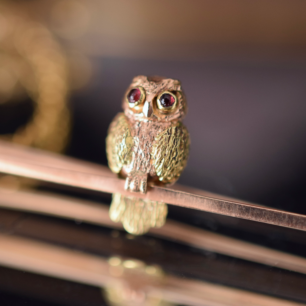 Antique Edwardian 9ct Rose And Green Gold ‘Owl’ Bar Brooch / Original Box Circa 1910