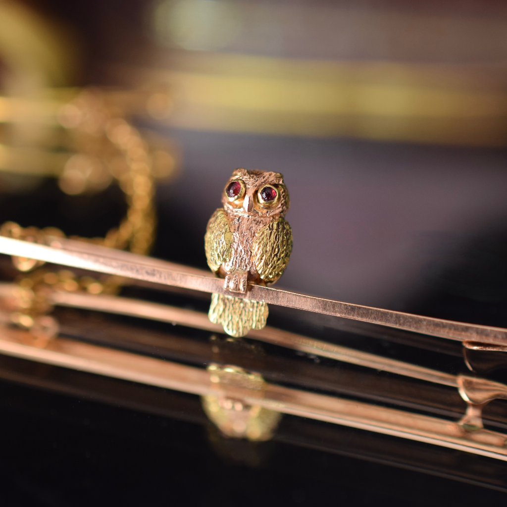 Antique Edwardian 9ct Rose And Green Gold ‘Owl’ Bar Brooch / Original Box Circa 1910