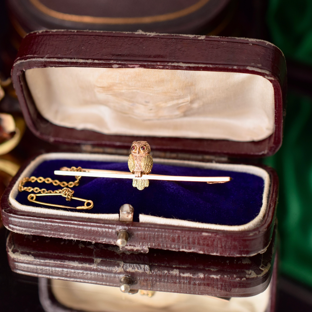 Antique Edwardian 9ct Rose And Green Gold ‘Owl’ Bar Brooch / Original Box Circa 1910