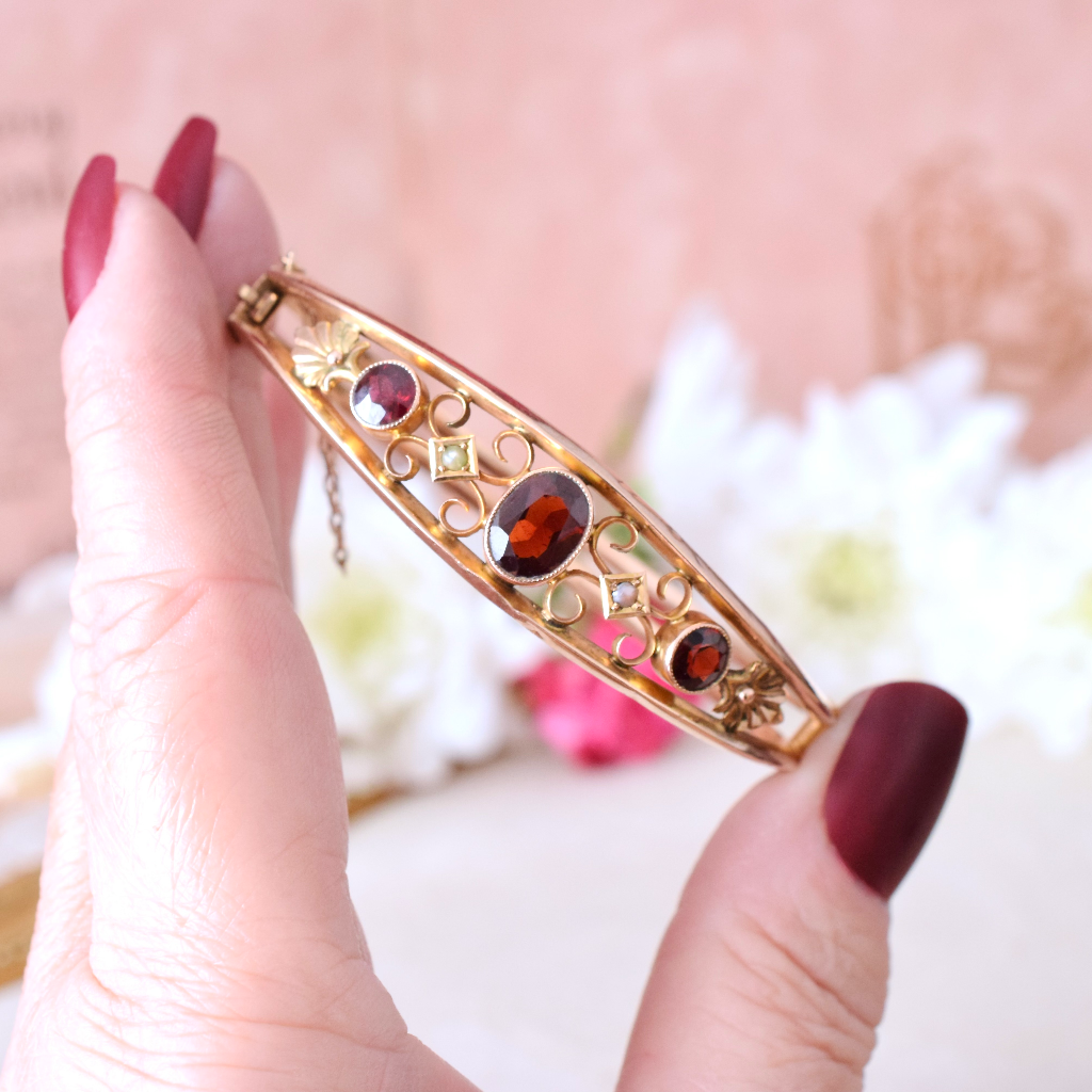 Antique Australian 9ct Rose Gold Garnet And Seed Pearl Bangle Circa 1910