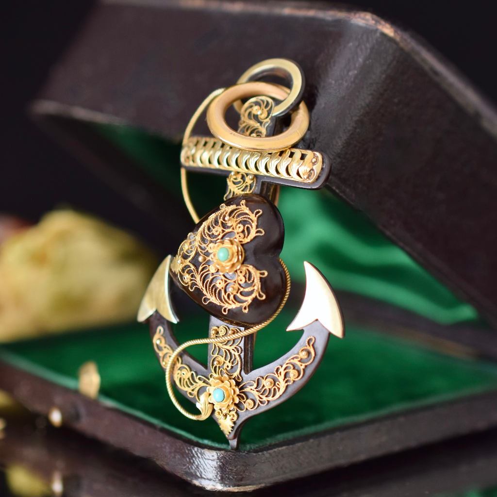 Antique Early Victorian 15ct Tortoise Shell ‘Fouled Anchor’ Brooch/Pendant Circa 1840-1860