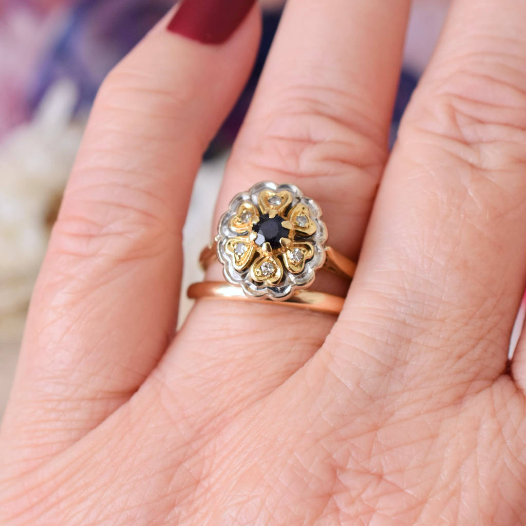 Vintage 18ct Yellow Gold Sapphire And Diamond Cluster Ring - London 1976