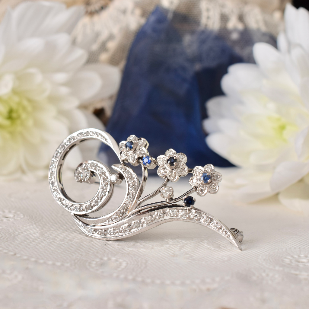 Vintage Retro Era Diamond And Sapphire Floral Spray Brooch Circa 1960
