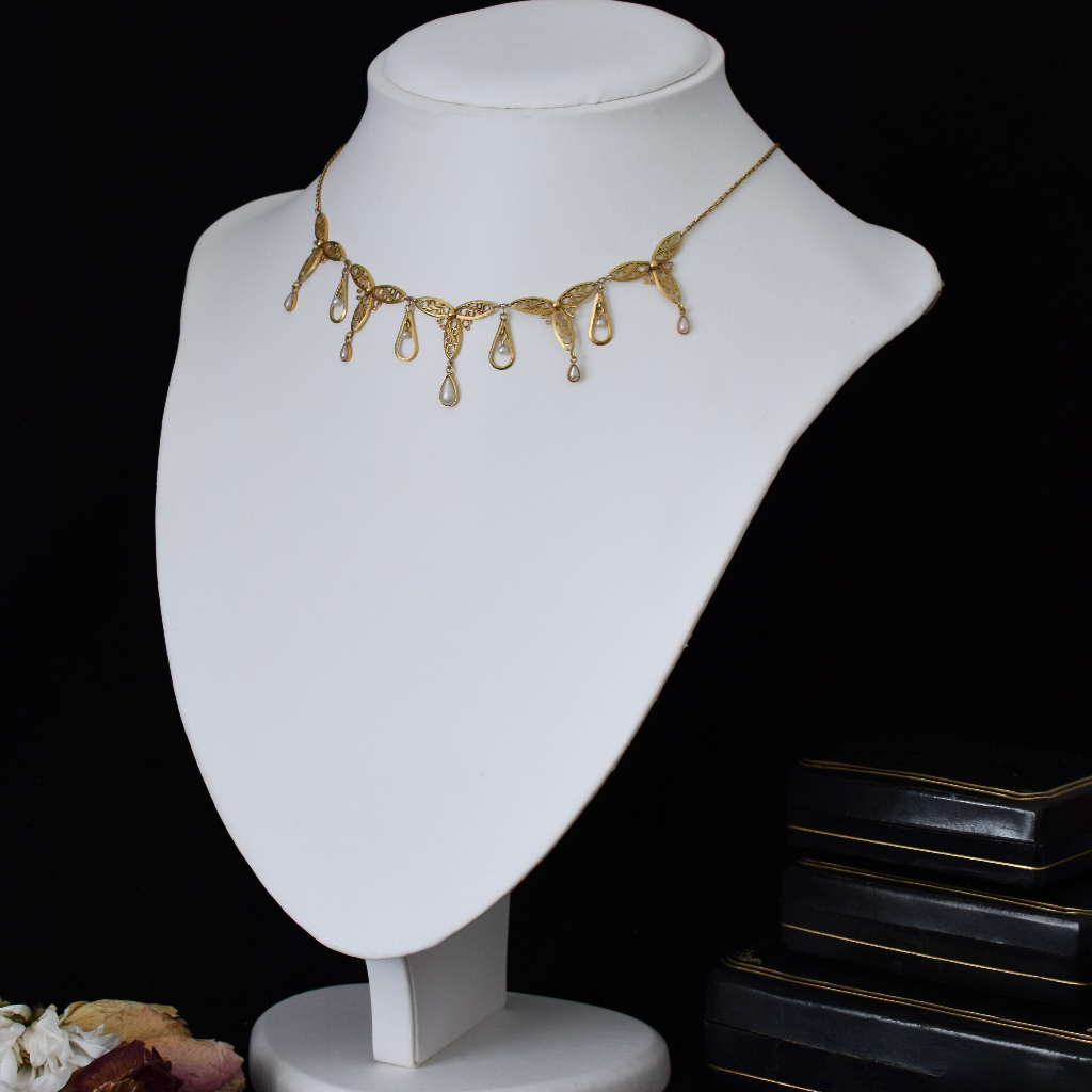 Antique Art Nouveau 18ct Yellow Gold And Pearl Filigree French Necklace Circa 1900