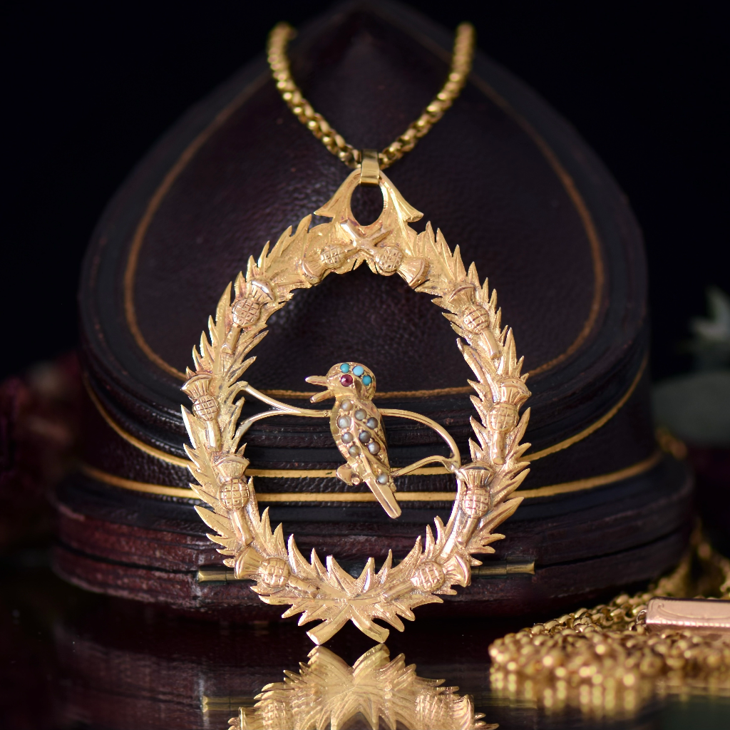 Antique Australian 9ct Yellow Gold Kookaburra And Thistle Pendant By Aronson & Co Circa 1900