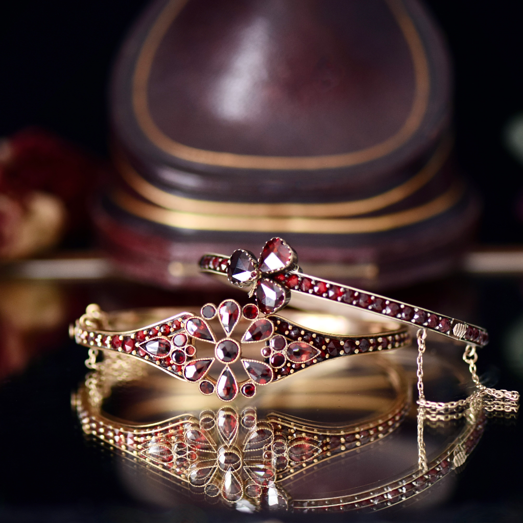 Antique Victorian Bohemian Garnet ‘Three Leaf Clover’ Bangle Circa 1900