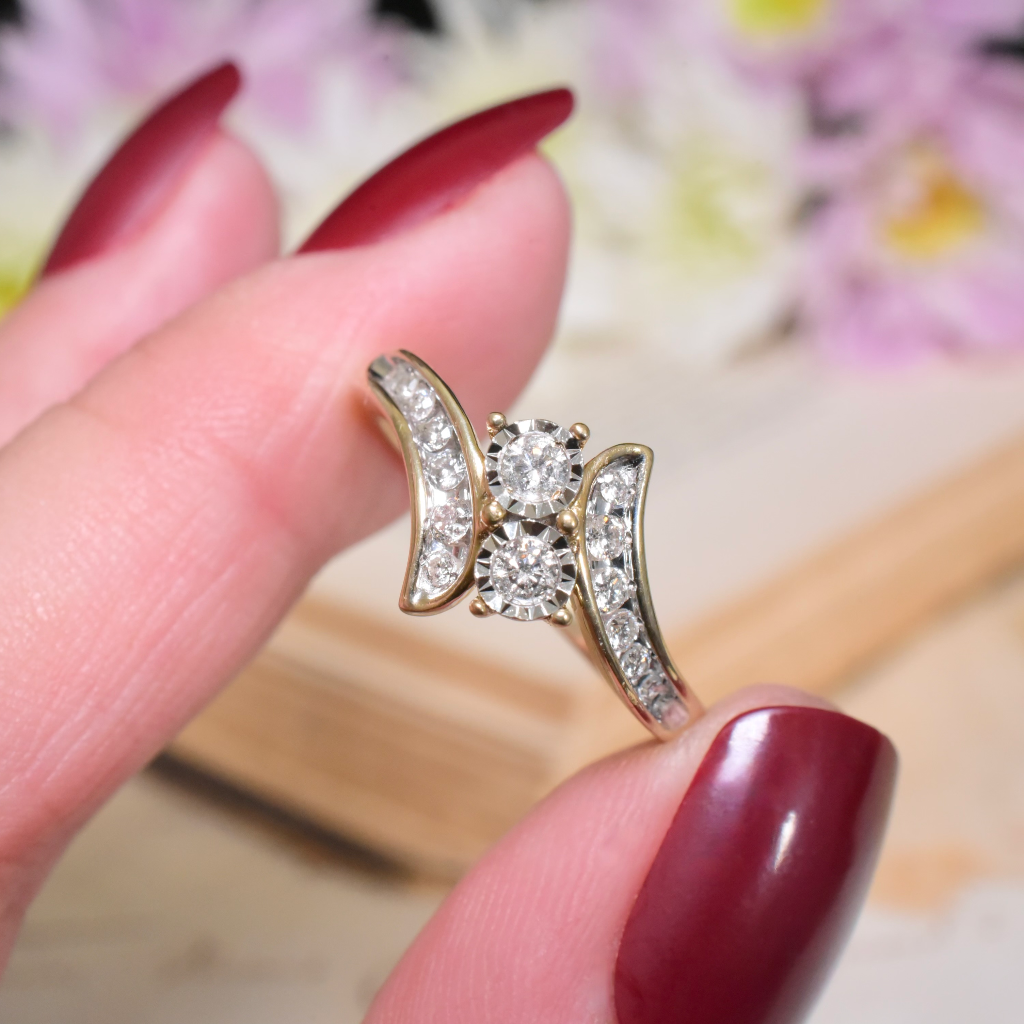 Modern 9ct Yellow Gold Diamond Cross-Over Ring