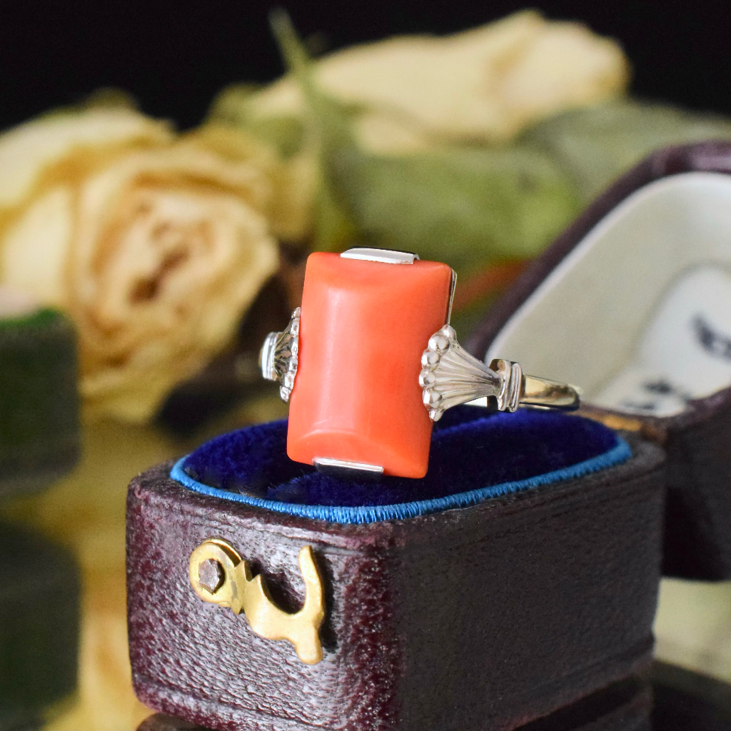 Vintage Art Deco Style 9ct Yellow And White Gold Coral Ring