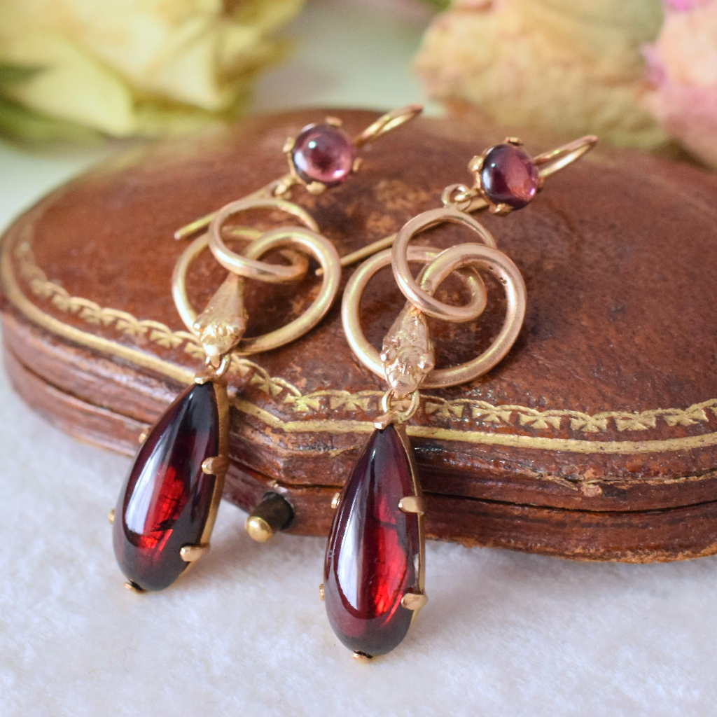 Antique Victorian 11ct Gold And Garnet Snake Earrings Circa 1880