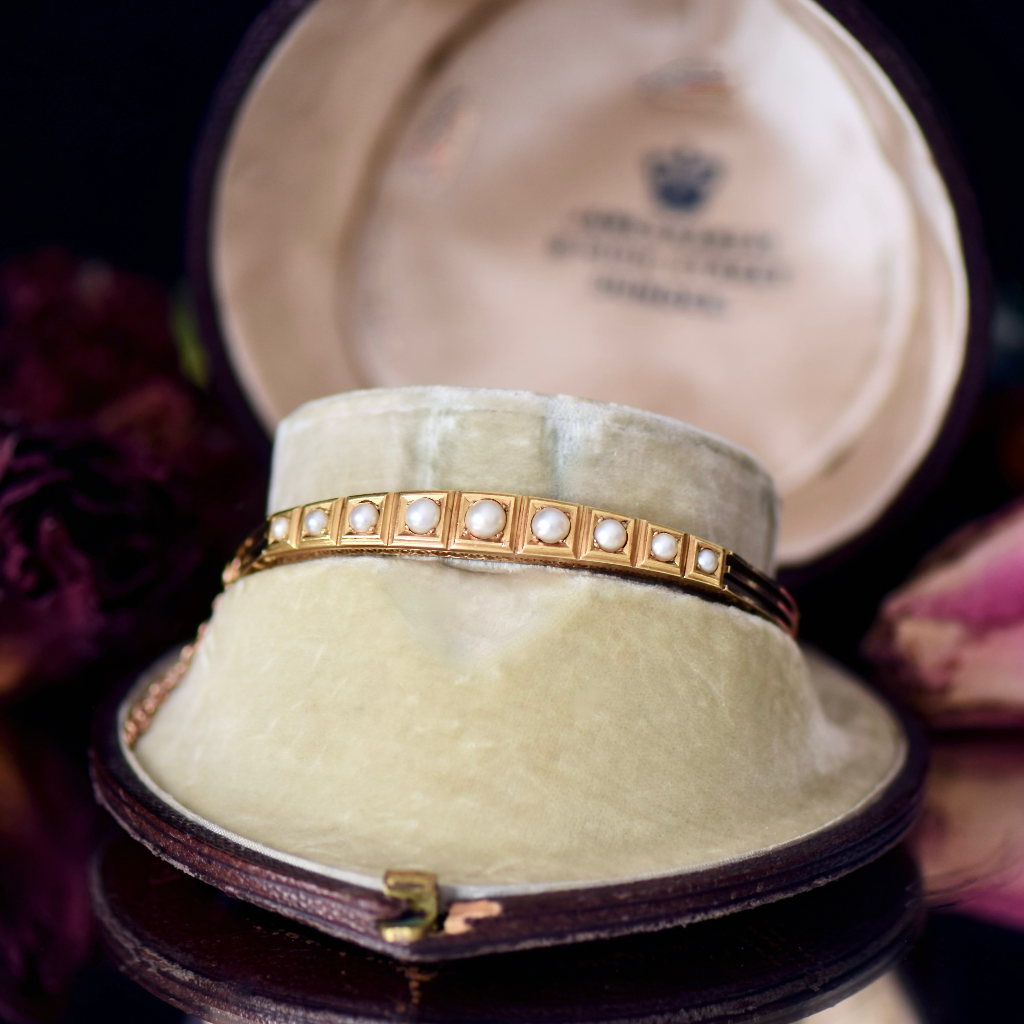 Antique Victorian 18ct Yellow Gold Natural Half Pearl Bangle Circa 1880