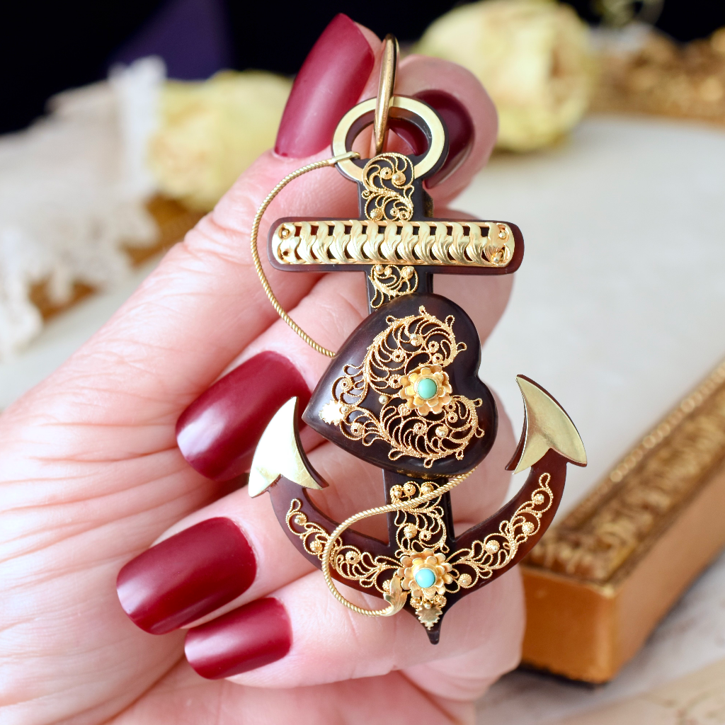 Antique Early Victorian 15ct Tortoise Shell ‘Fouled Anchor’ Brooch/Pendant Circa 1840-1860