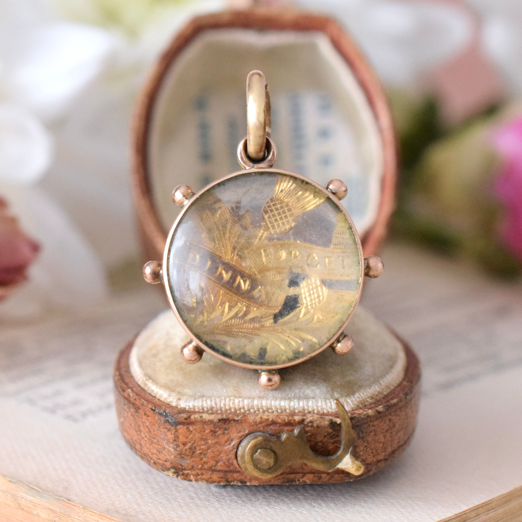 Antique Edwardian 9ct Rose Gold And Rock Crystal ‘Dinna Forget’ Pendant/Charm