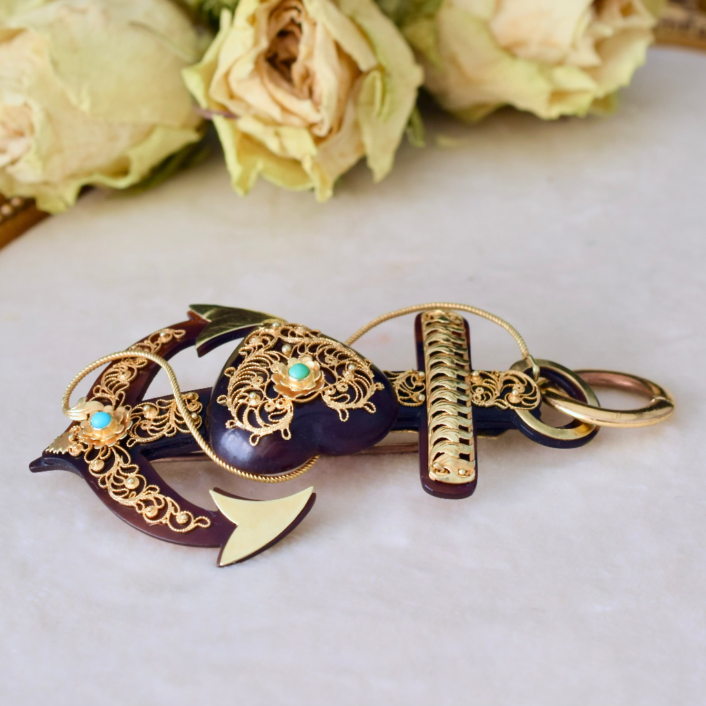 Antique Early Victorian 15ct Tortoise Shell ‘Fouled Anchor’ Brooch/Pendant Circa 1840-1860