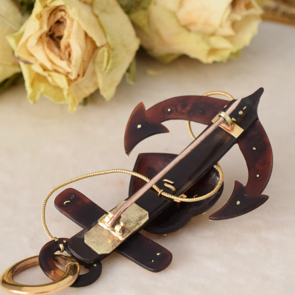 Antique Early Victorian 15ct Tortoise Shell ‘Fouled Anchor’ Brooch/Pendant Circa 1840-1860