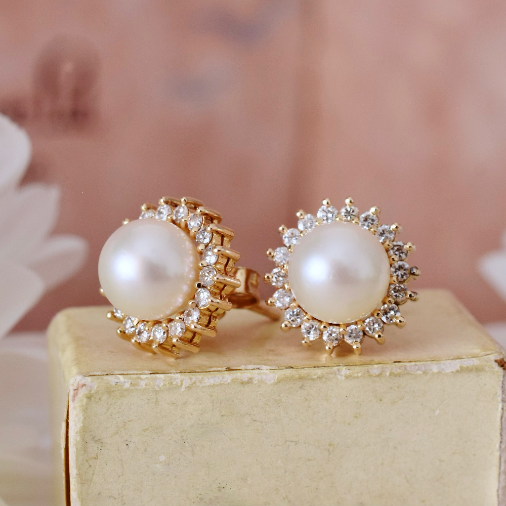 Modern 14ct Yellow Gold Pearl And Diamond Earrings