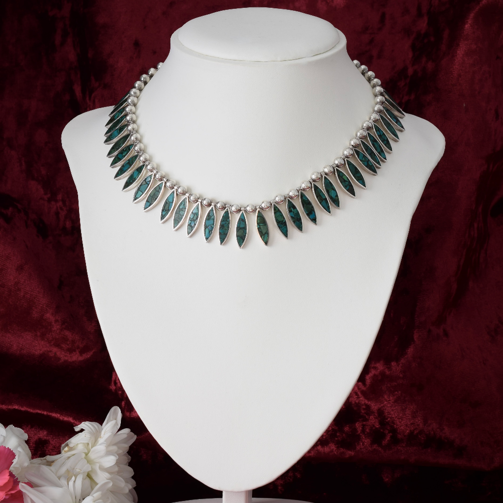 Vintage Sterling Silver Taxco Mexico Turquoise Collar - 84 Grams