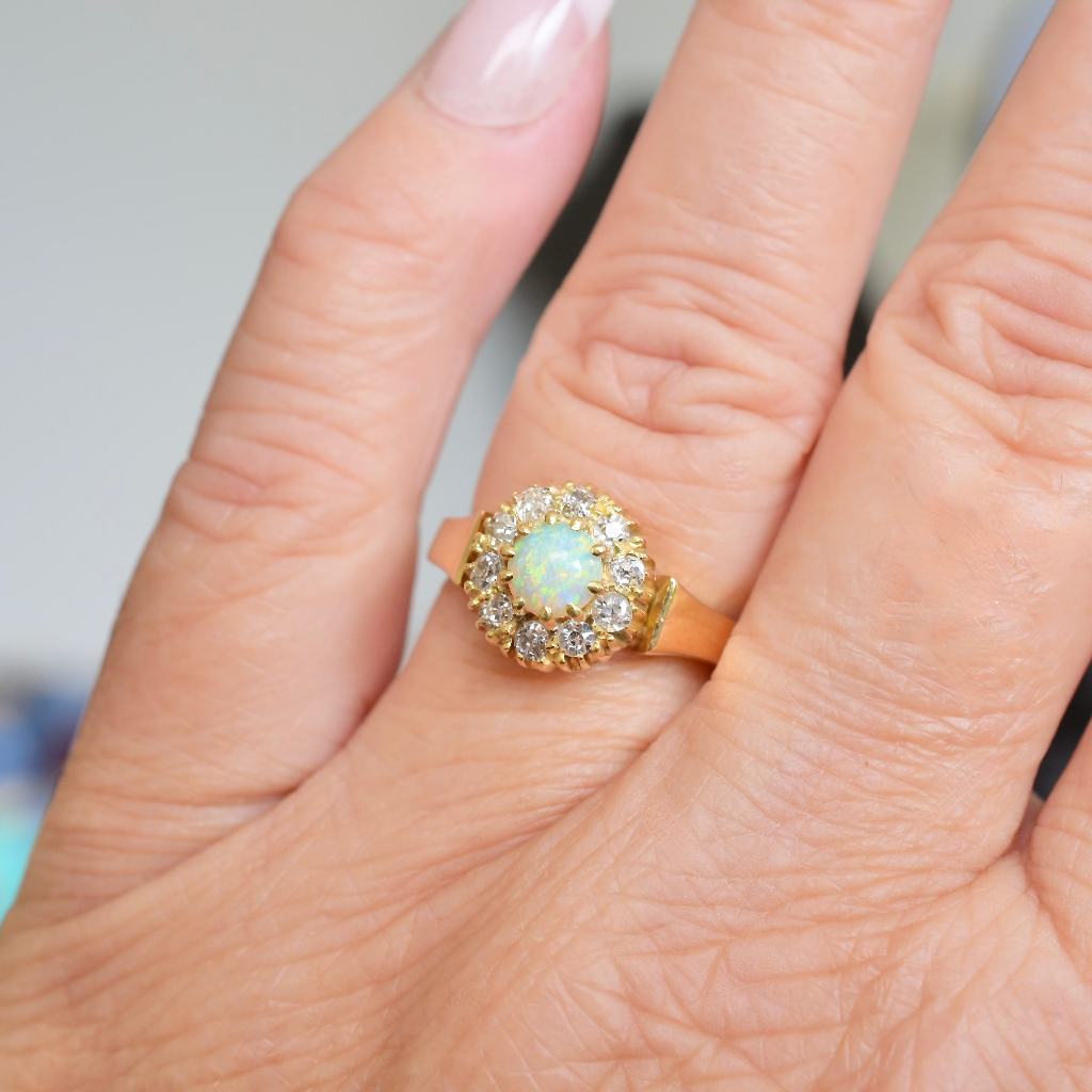 Antique Australian 18ct Yellow Gold Opal And Diamond Ring by P. Falk & Co. Circa 1915-20