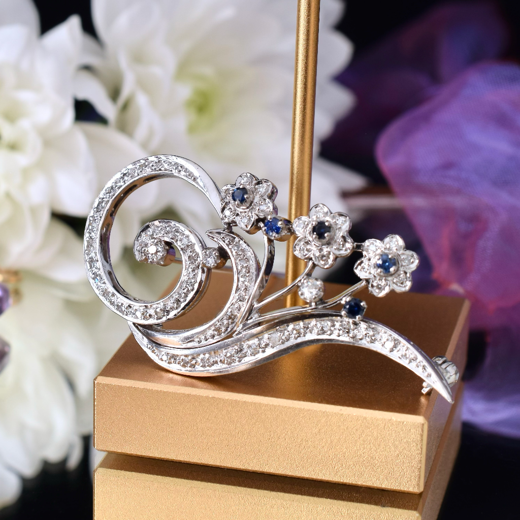 Vintage Retro Era Diamond And Sapphire Floral Spray Brooch Circa 1960